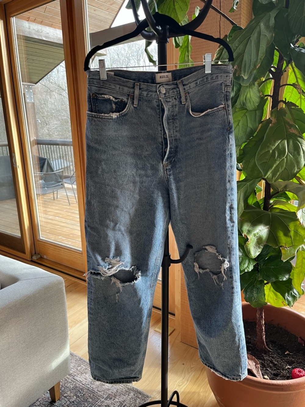 Agolde Distressed Blue Straight-Leg Jeans